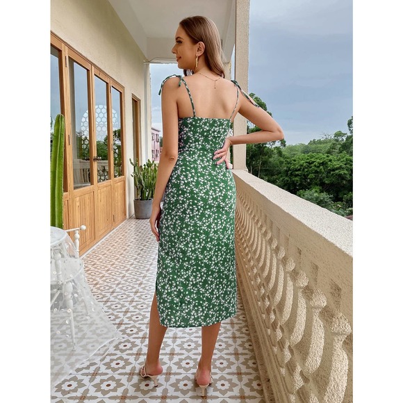 boho preppy Tie Shoulder High Split Floral midi Dress - Picture 2 of 8